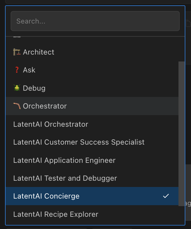 Roo Code Modes tab showing available modes