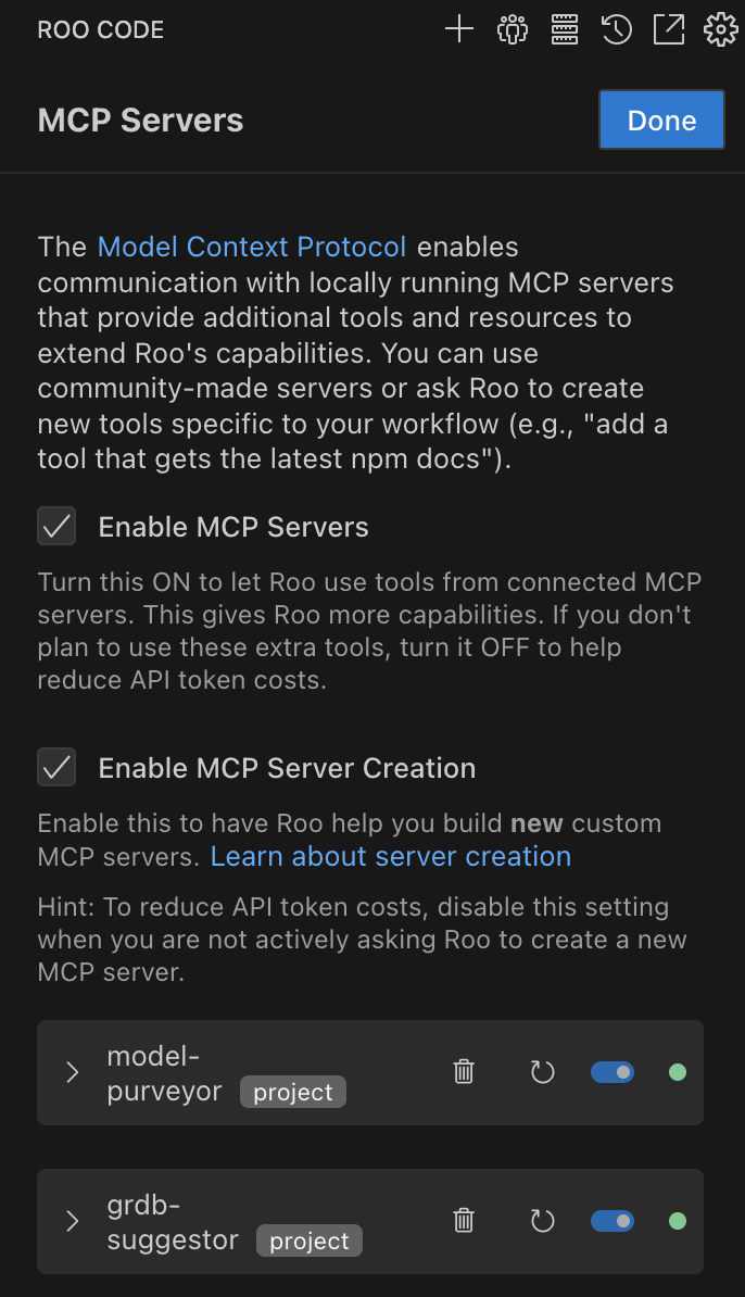 MCP Servers tab showing model-purveyor and grdb-suggester